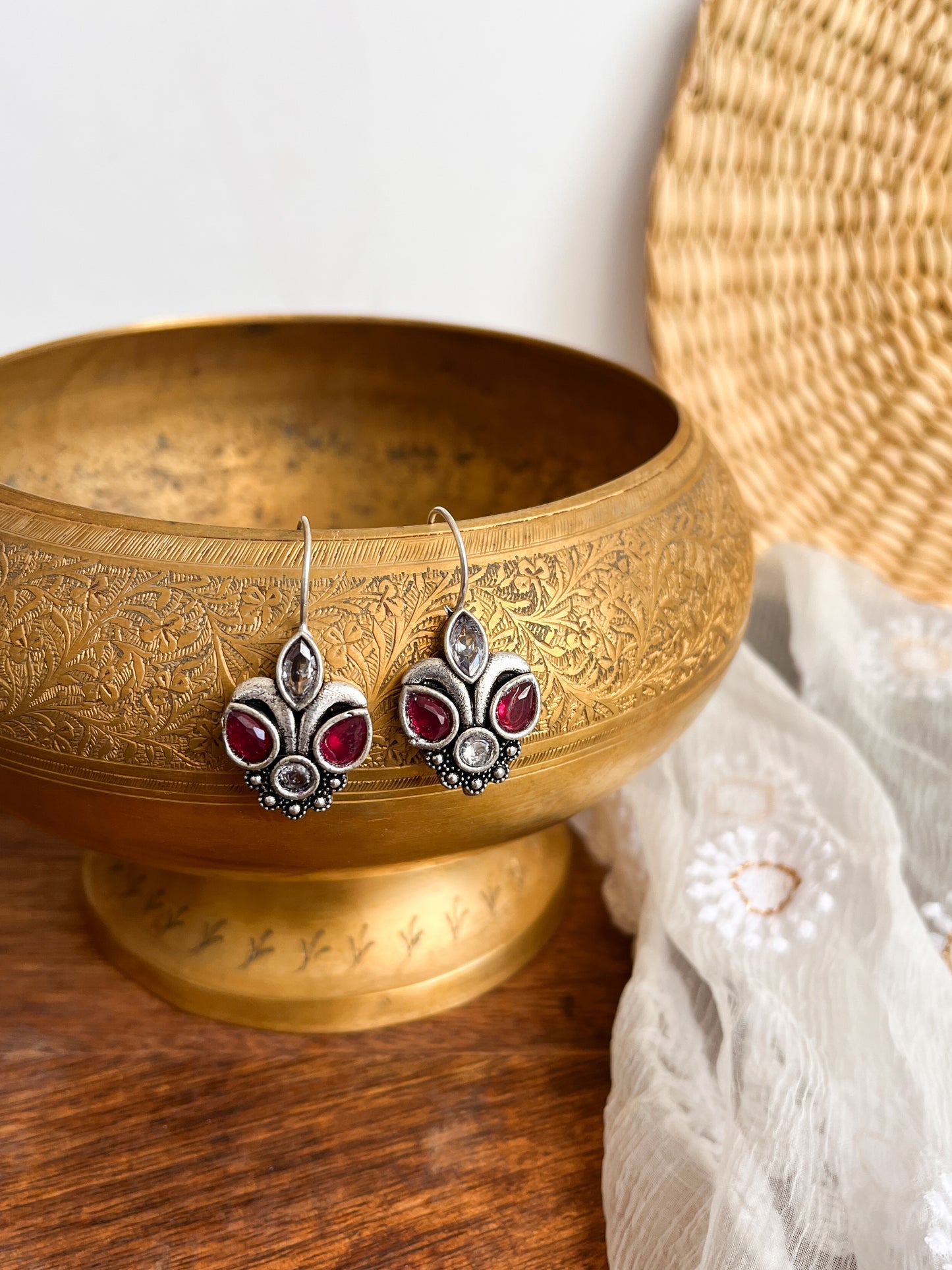 PIHU- German Silver Magenta Clear Stone Earrings