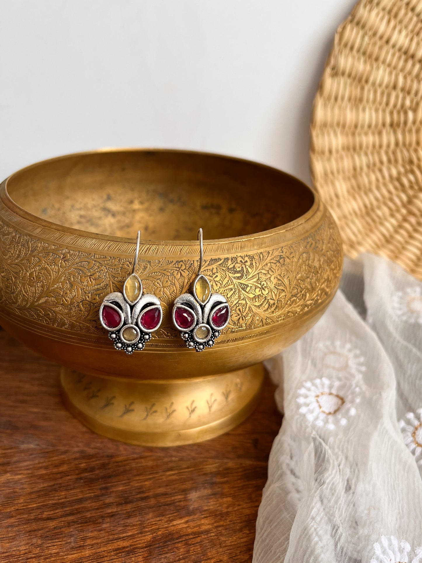 PIHU- German Silver Magenta Yellow Stone Earrings