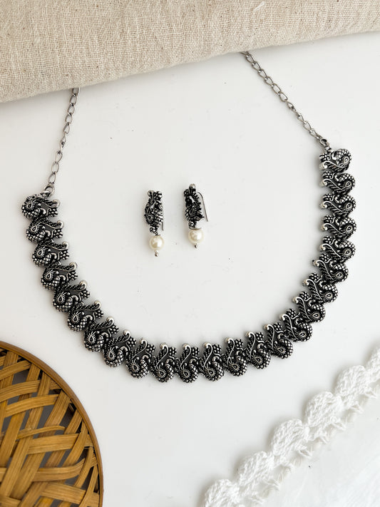 Prerna -Silver Oxidised Neckpiece With Studs