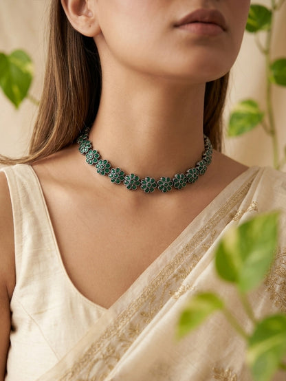 PRIYASI- German Silver Flower Stud Neckpiece With Earrings Dark Green
