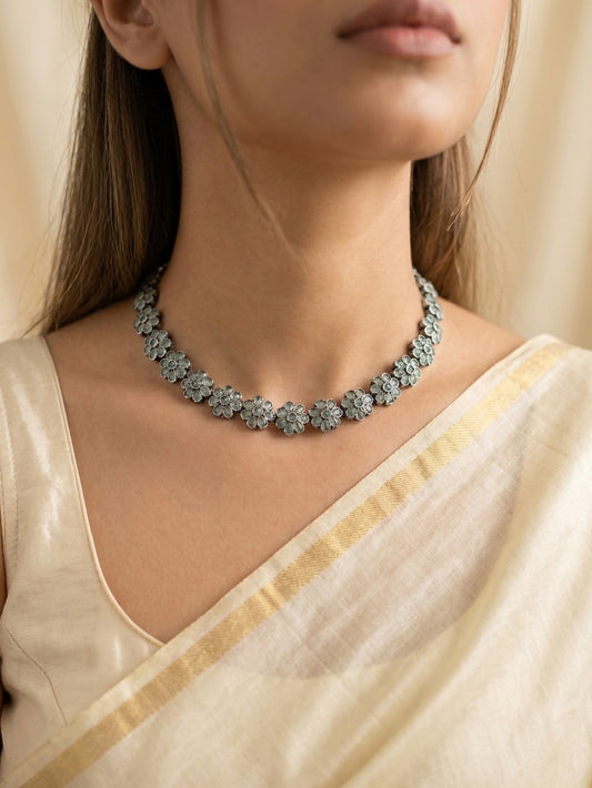PRIYASI- German Silver Flower Stud Neckpiece With Earrings Light Blue