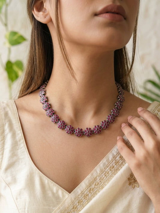 PRIYASI - German Silver Flower Stud Neckpiece With Earrings Magenta