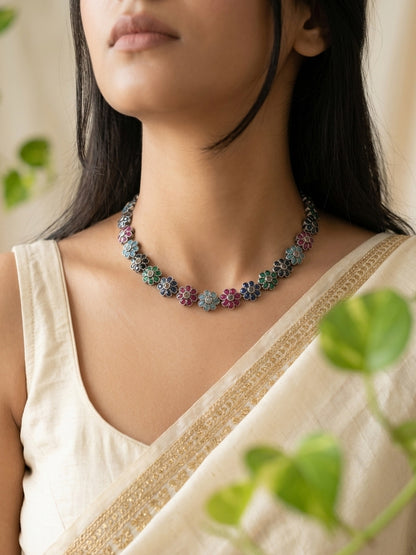 PRIYASI- German Silver Flower Stud Neckpiece With Earrings Multi