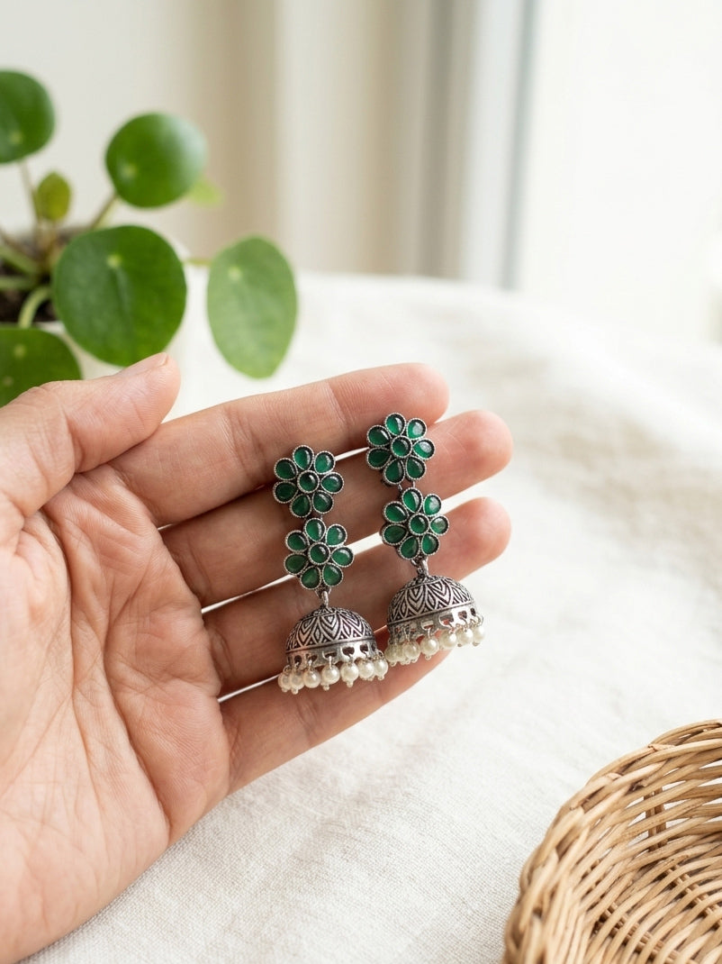 PRIYASI- German Silver Flower Stud Neckpiece With Earrings Dark Green