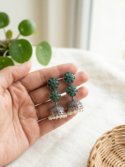 PRIYASI- German Silver Flower Stud Neckpiece With Earrings Dark Green
