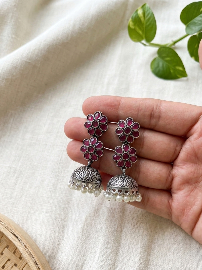 PRIYASI - German Silver Flower Stud Neckpiece With Earrings Magenta