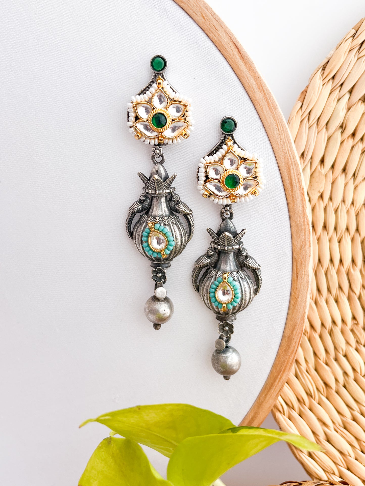 ROOPSUNDARI - German Silver Kalash Dangler With Paachi Kundan Work Green