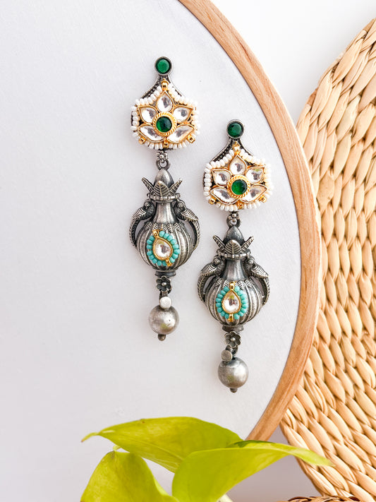 ROOPSUNDARI - German Silver Kalash Dangler With Paachi Kundan Work Green