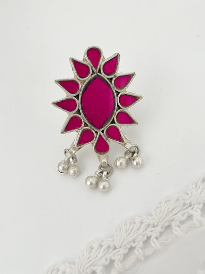 RADHA- Afghan Pink Glass White Metal Ghungroo Ring