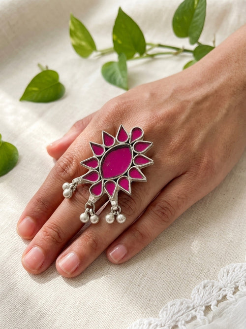 RADHA- Afghan Pink Glass White Metal Ghungroo Ring