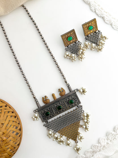 Ragini-Silver With Golden Long Necklace Set
