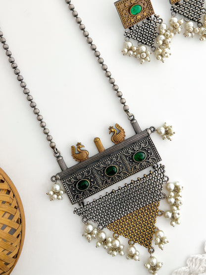 Ragini-Silver With Golden Long Necklace Set