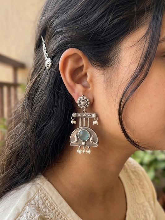 RAHA- German Silver Tribal Earrings Blue