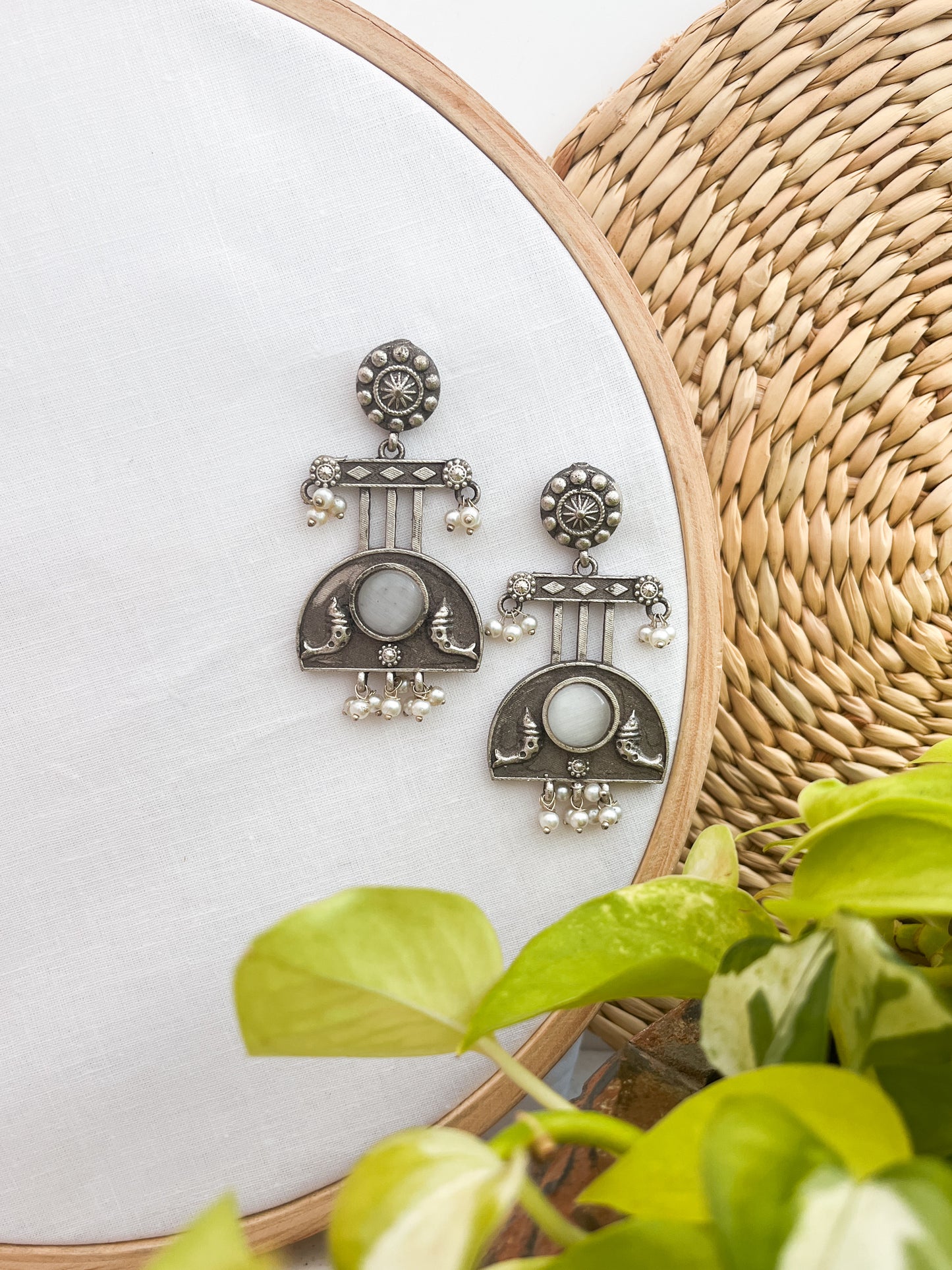 RAHA- German Silver Tribal Earrings White