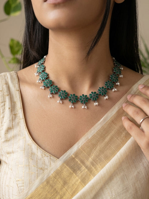 RAMYA - German Silver Flower Stud With Moti Neckpiece With Earrings Green