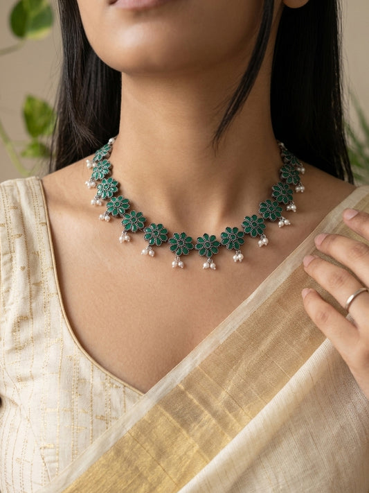 RAMYA - German Silver Flower Stud With Moti Neckpiece With Earrings Green