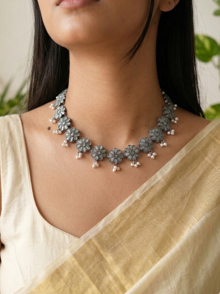 RAMYA - German Silver Flower Stud With Moti Neckpiece With Earrings Light Blue