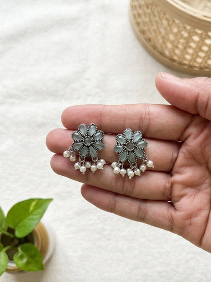 RAMYA - German Silver Flower Stud With Moti Neckpiece With Earrings Light Blue