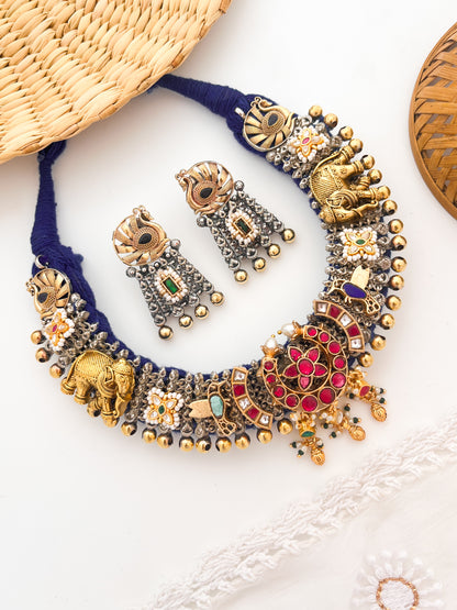 RANI PADMAVATI - German Silver Dual Tone Dhaga Necklace With Kundan Work Blue