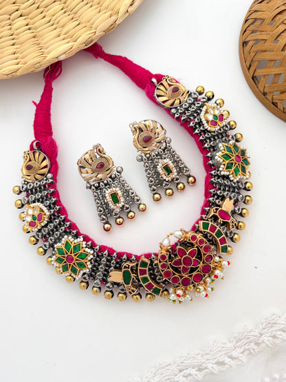 RANI PADMAVATI - German Silver Dual Tone Dhaga Necklace With Kundan Work Pink