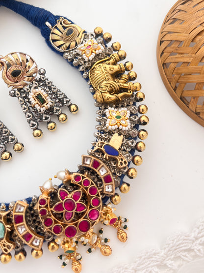 RANI PADMAVATI - German Silver Dual Tone Dhaga Necklace With Kundan Work Blue