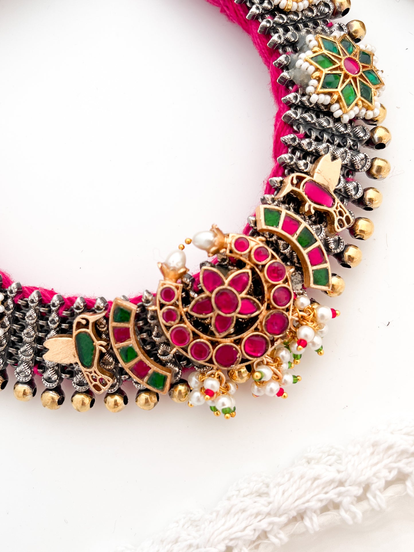 RANI PADMAVATI - German Silver Dual Tone Dhaga Necklace With Kundan Work Pink