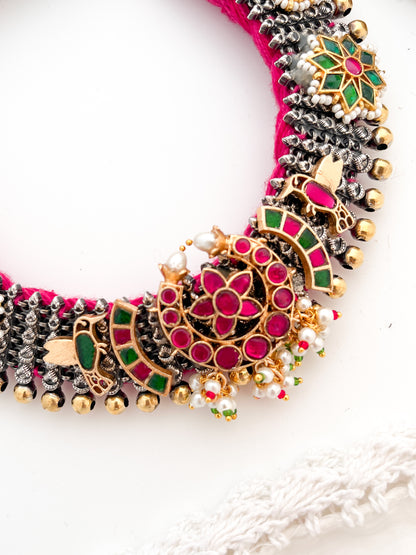 RANI PADMAVATI - German Silver Dual Tone Dhaga Necklace With Kundan Work Pink