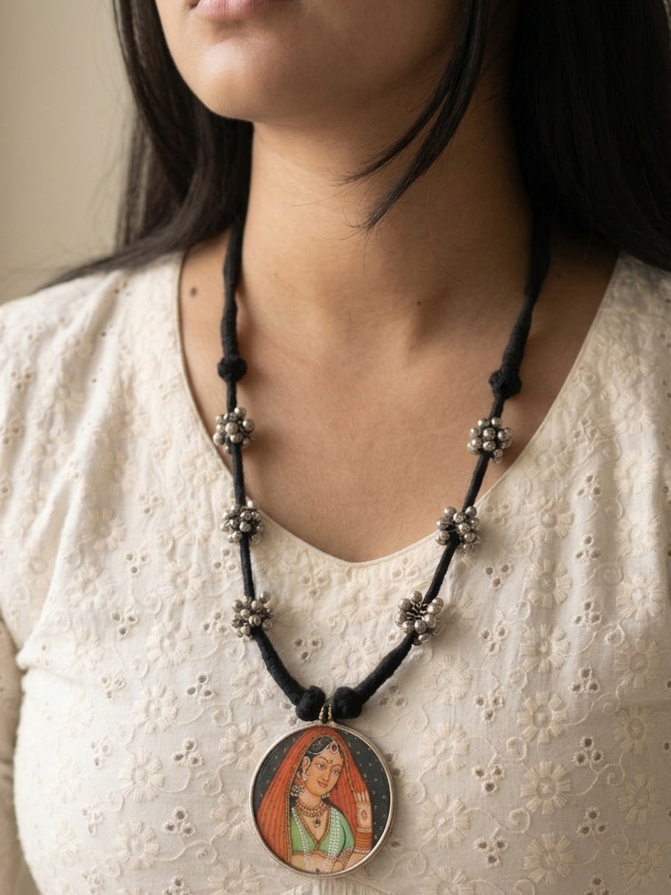 RANISA - Brass Ghungroo Pichwai Pendant Long Necklace Orange