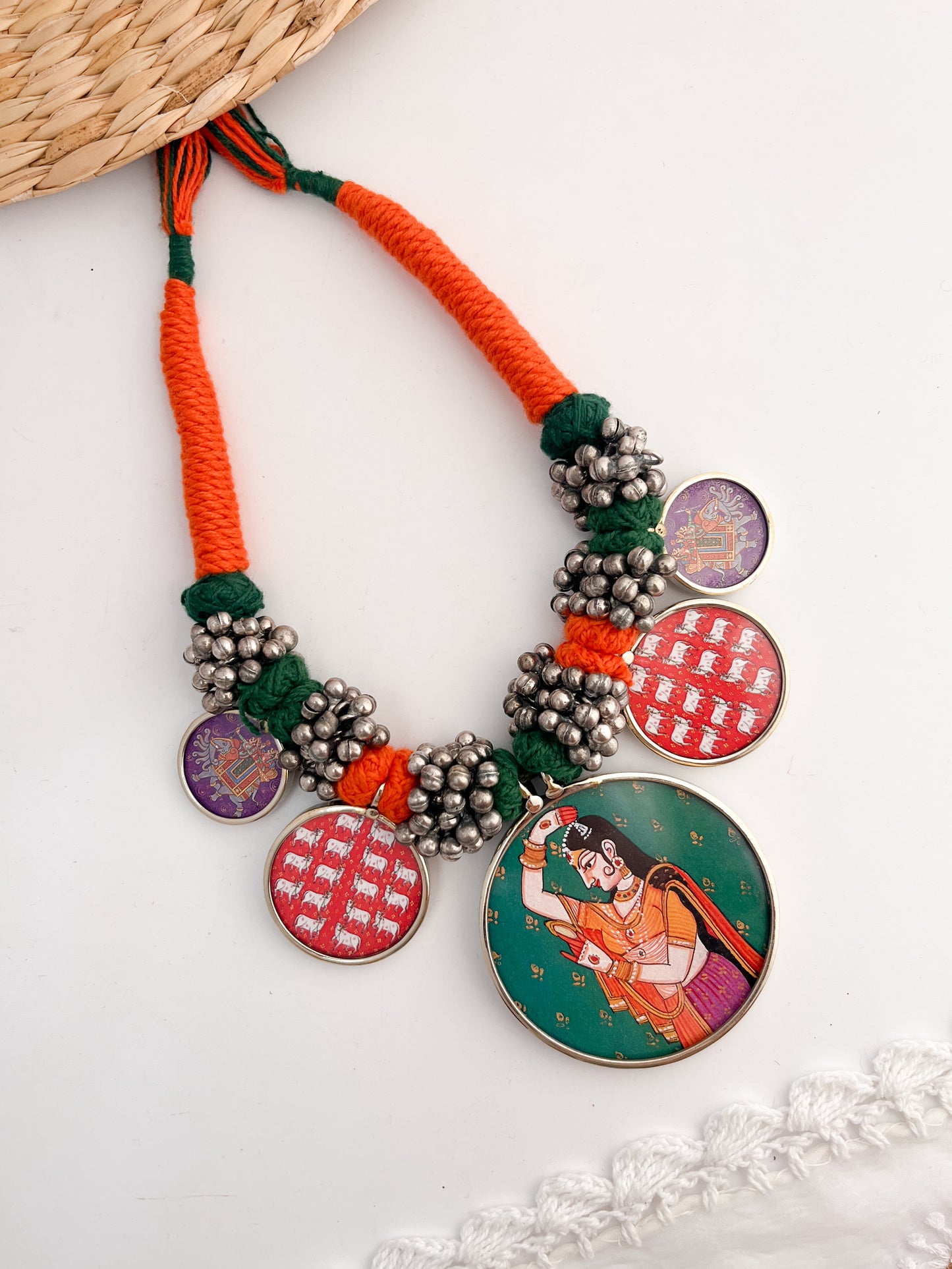 RANISA- Orange And Green Dhaaga German Silver Brass Neckpiece