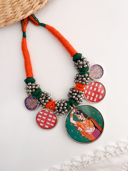 RANISA- Orange And Green Dhaaga German Silver Brass Neckpiece