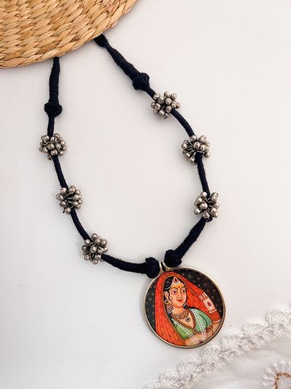 RANISA - Brass Ghungroo Pichwai Pendant Long Necklace Orange
