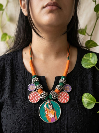 RANISA- Orange And Green Dhaaga German Silver Brass Neckpiece