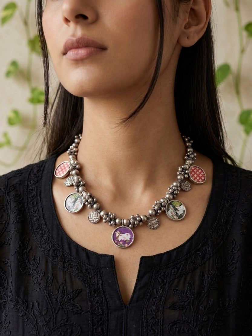 RANISA - Pichwai Cow German Silver Brass Neckpiece