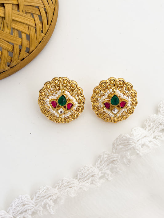 RASHMIKA- German Silver Gold Tone Studs With Kundan Work