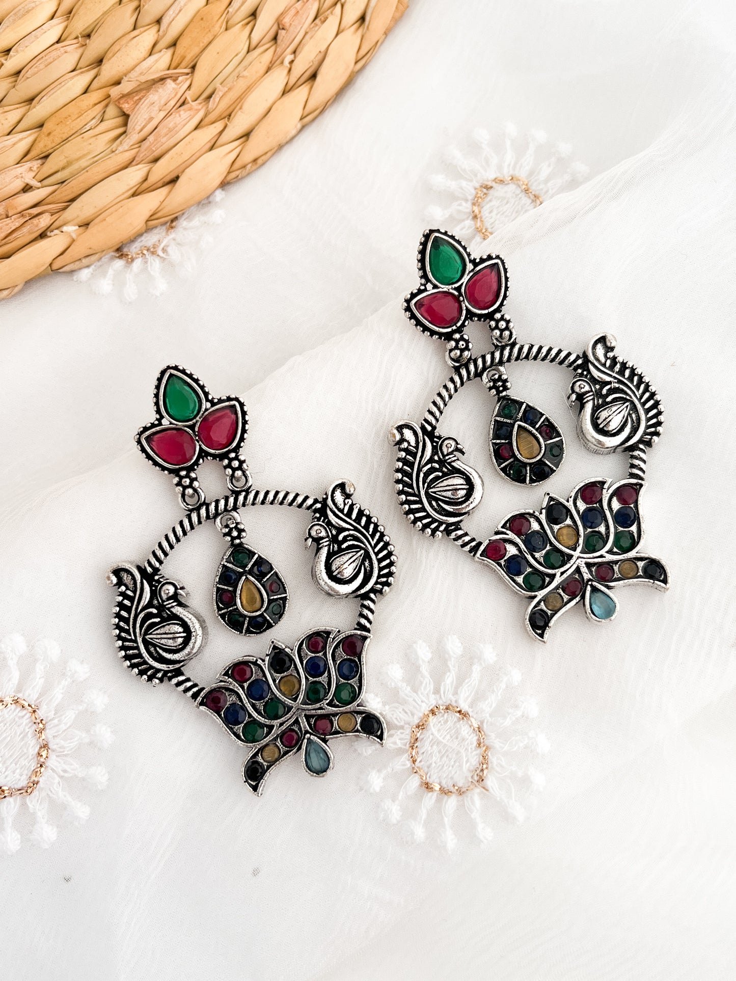 ROOPSUNDARI - German Silver Chandbali With Pink Green Stones