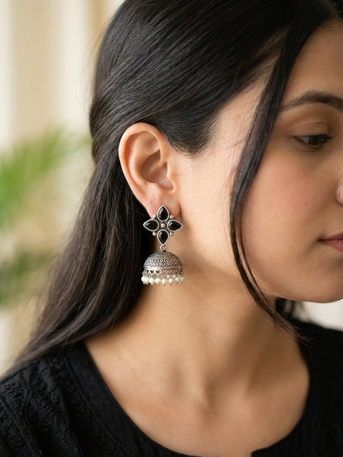 ROZANA - German Silver Stud Jhumka Black