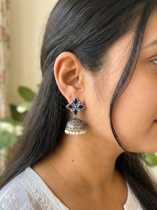 Rozana - German Silver Stud Jhumka Blue