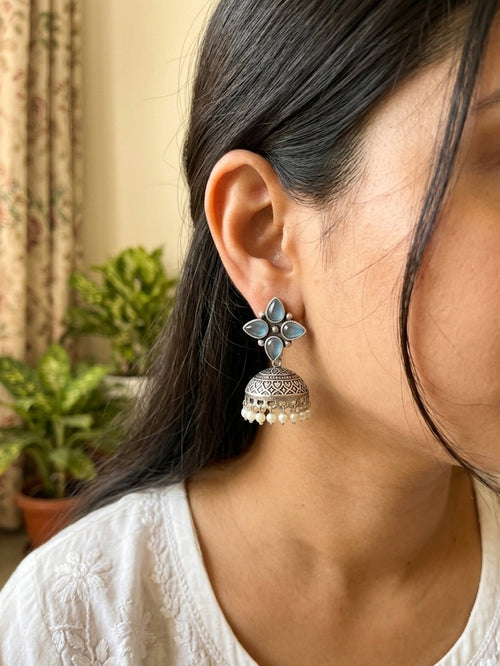 ROZANA - German Silver Stud Jhumka Light Blue
