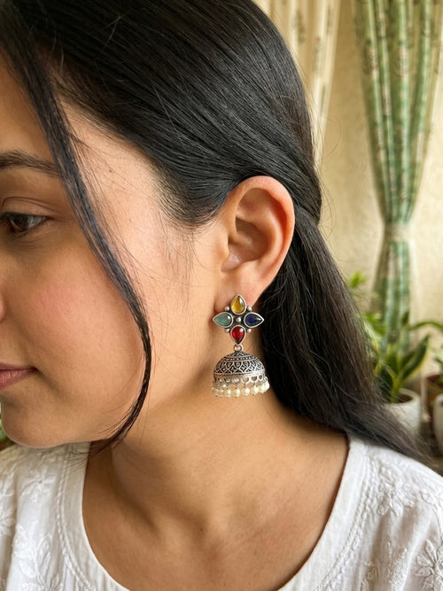 ROZANA- German Silver Stud Jhumka Multi