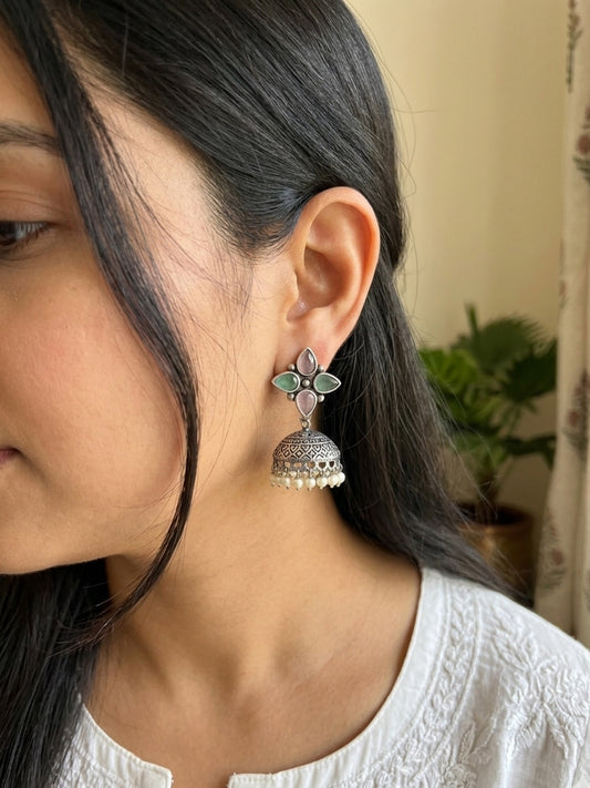 Rozana - German Silver Stud Jhumka Pastel