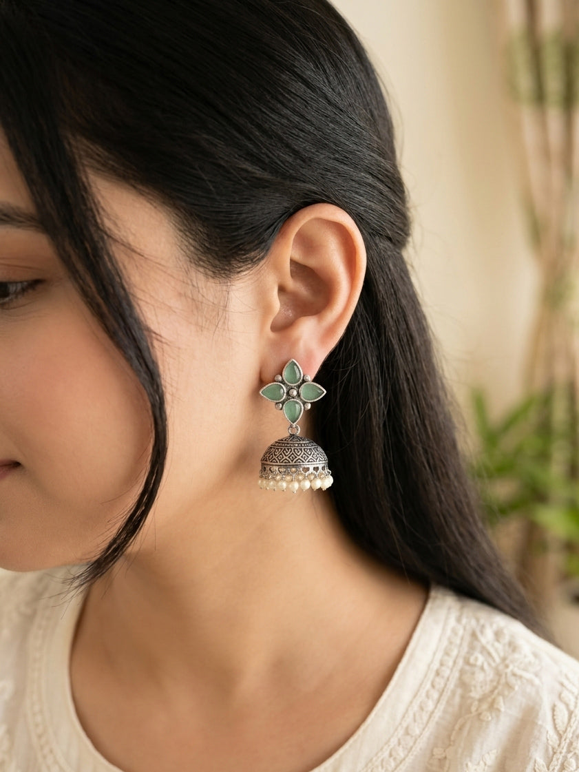 ROZANA - German Silver Stud Jhumka Pastel Green