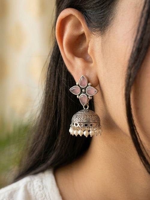 ROZANA - German Silver Stud Jhumka Pink