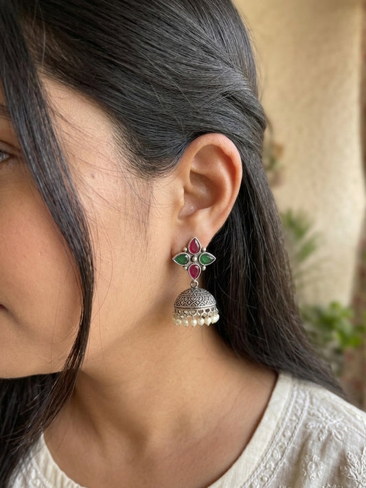 Rozana - German Silver Stud Jhumka Red And Green