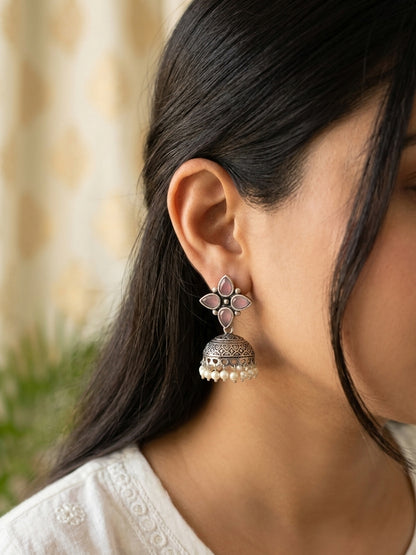 ROZANA - German Silver Stud Jhumka Pink