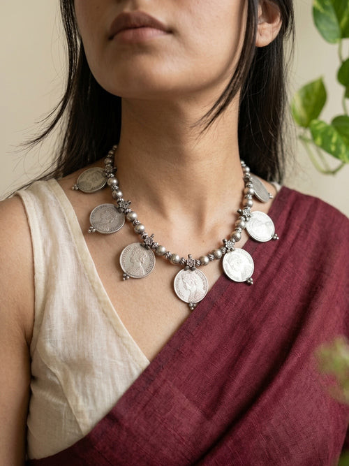 RUPAIYA- Silver Plated Brass Ghungroo Coin Short Neckpiece