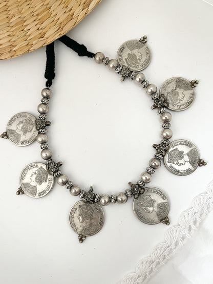 RUPAIYA- Silver Plated Brass Ghungroo Coin Short Neckpiece