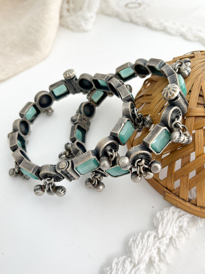 Rupali-Silver With Blue Stone Oxidized Kada Bangles