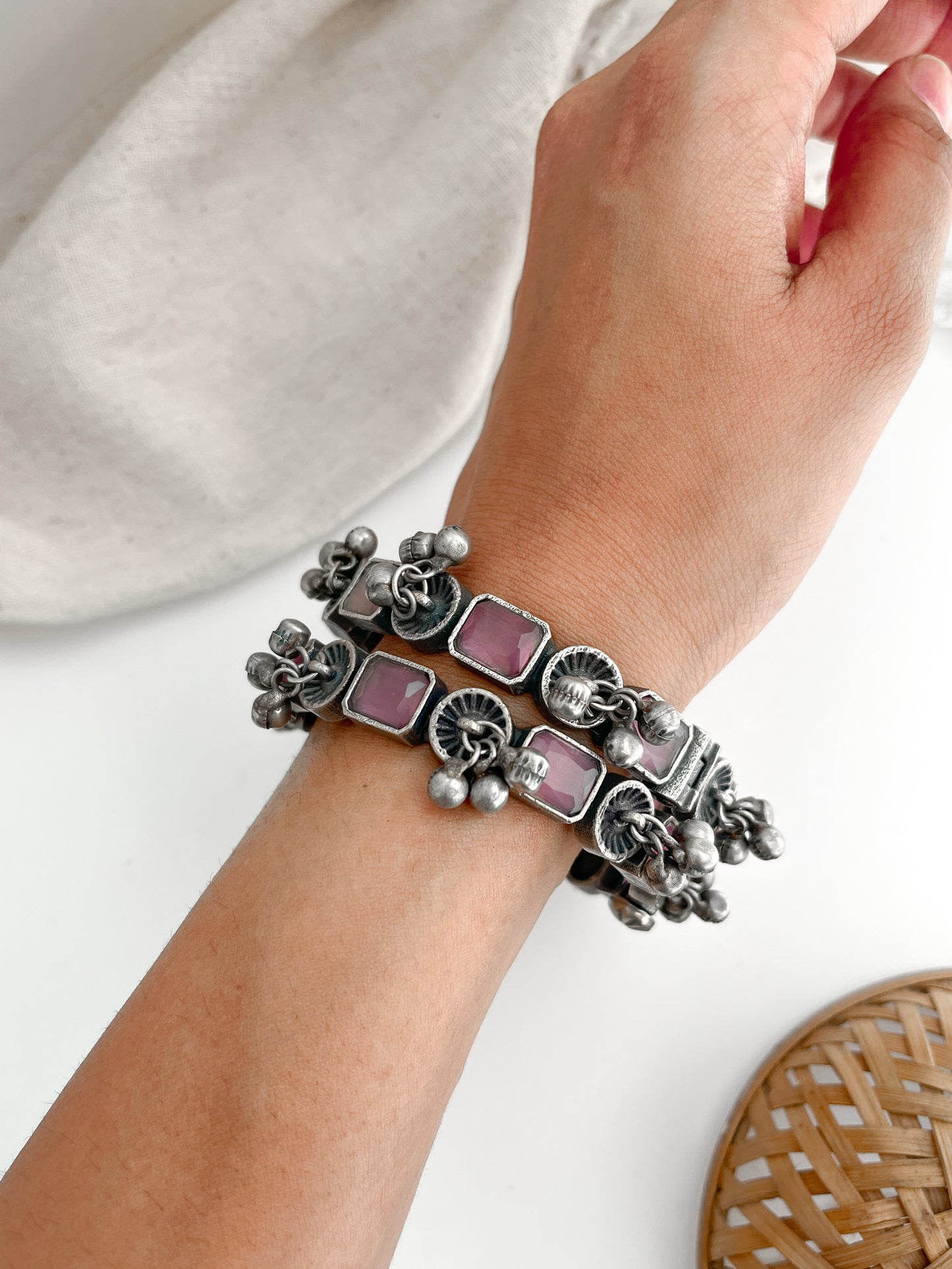 Rupali-Silver With Pink Stone Oxidized Kada Bangles