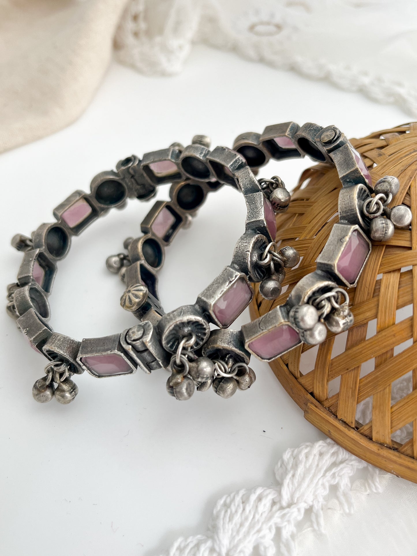 Rupali-Silver With Pink Stone Oxidized Kada Bangles