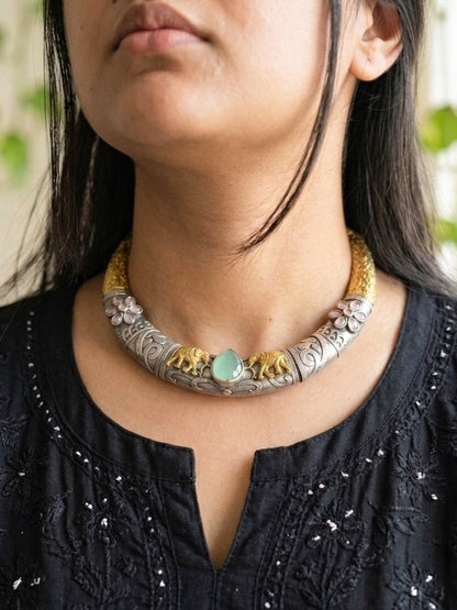 SACHI-Dual Tone German Silver Green Hasli Necklace With Elephant Design